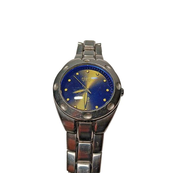 Fossil Men's Bright Blue Dial Wrist Watch Silver Tone Link Band Sporty AM-3345 - Picture 2 of 4